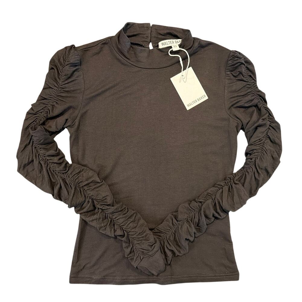 NWT Walter Baker Chaya Top Black Ruched Sleeve Mock Neck, Women's Size XS